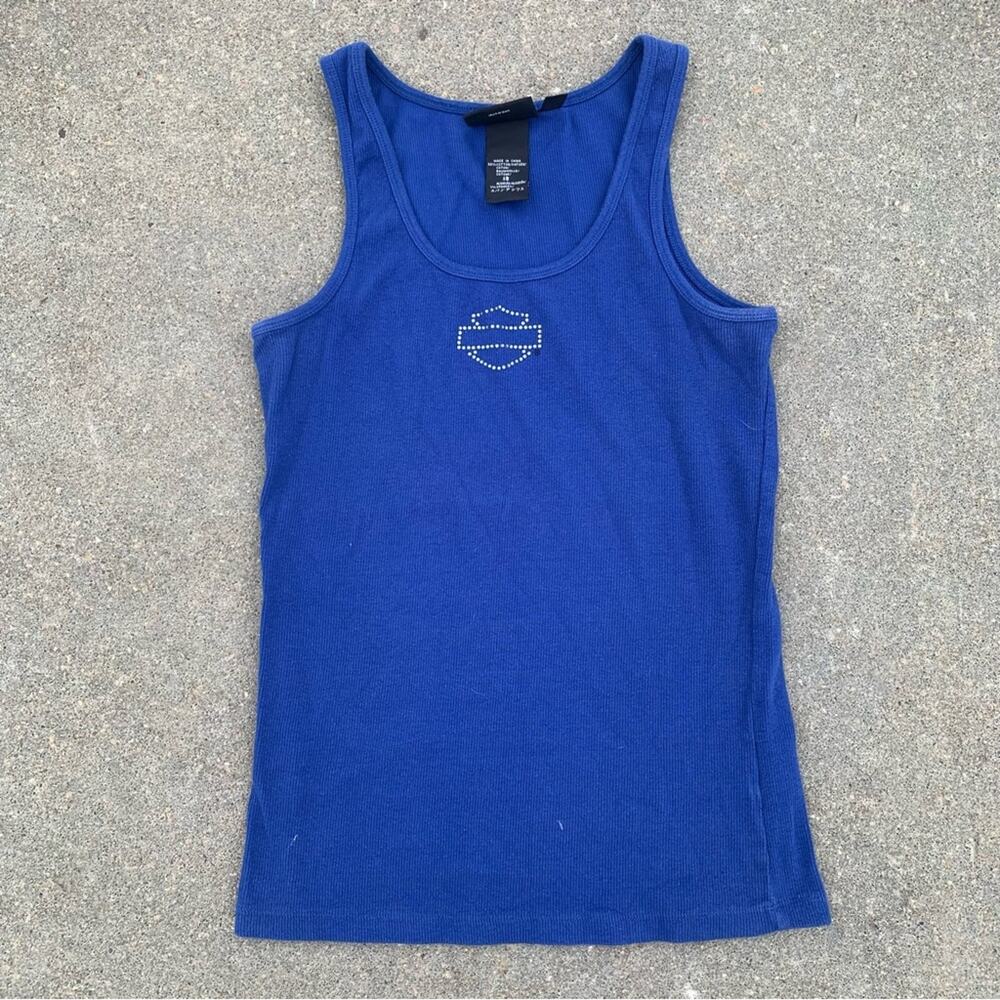Y2K Harley Davidson Rhinestone Logo Blue Stretch Rib Knit Ladies Tank Top LARGE